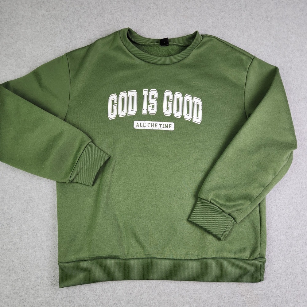 Mens Sweatshirt Medium Green God Is Good Graphic Fleece Lined Crewneck Pullover‎